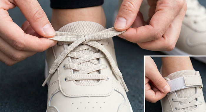 Tying shoelaces and fastening velcro. (靴ひも結びとマジックテープ留め)