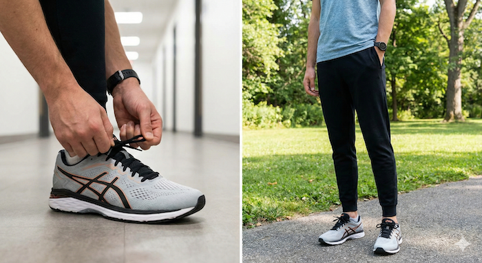 Putting on shoes and wearing them. (靴を履く動作と履いている状態)