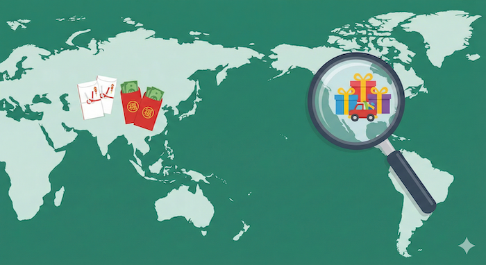 Global New Year gift traditions infographic / 世界の新年ギフト事情イラスト