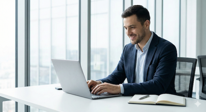 Professional man typing at desk. / デスクで入力するビジネスマン。