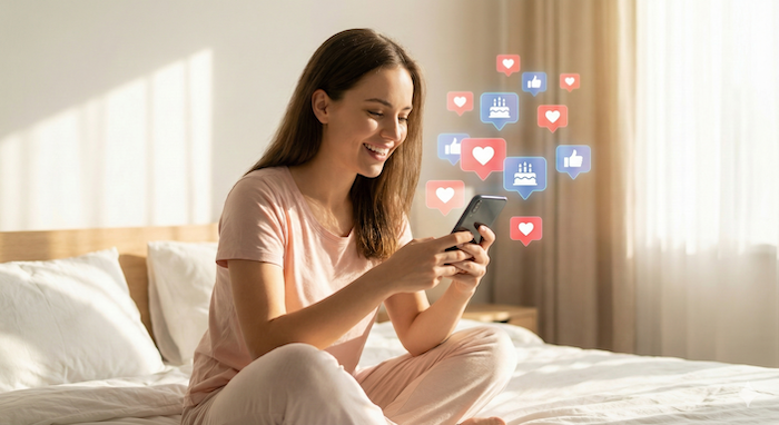 Happy woman with social media notifications. / SNS通知を見て喜ぶ女性。