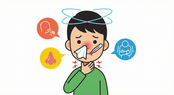 Cartoon character with cold symptoms / 風邪の症状を示すキャラクター
