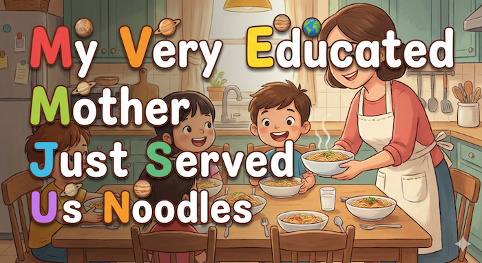 Planet order mnemonic illustration / 惑星の順番の記憶術