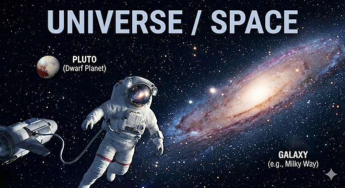 Pluto, galaxy, and space scene / 冥王星、銀河、宇宙の風景