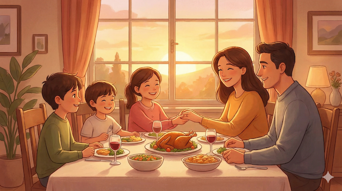 Happy family dinner at sunset