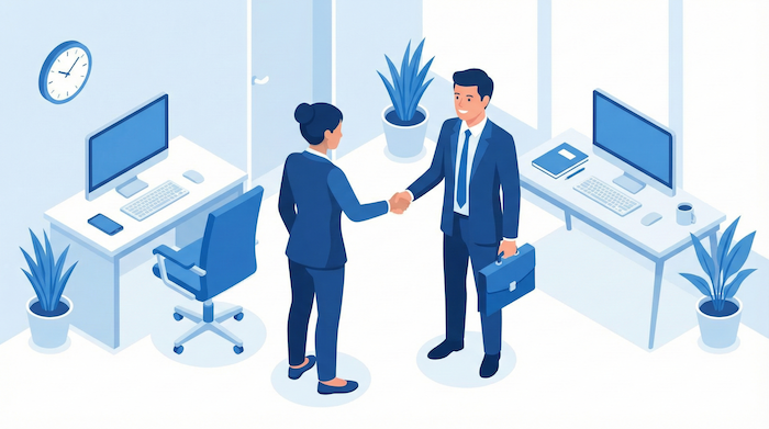 Business professionals shaking hands in office