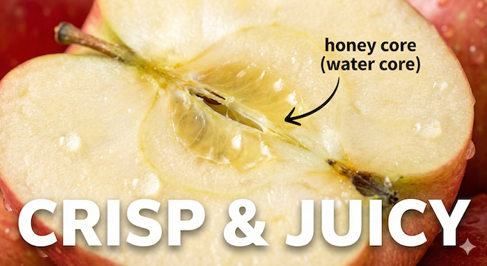 Close-up of crisp, juicy apple with honey core (蜜入りでシャキシャキしたジューシーなりんごの断面)