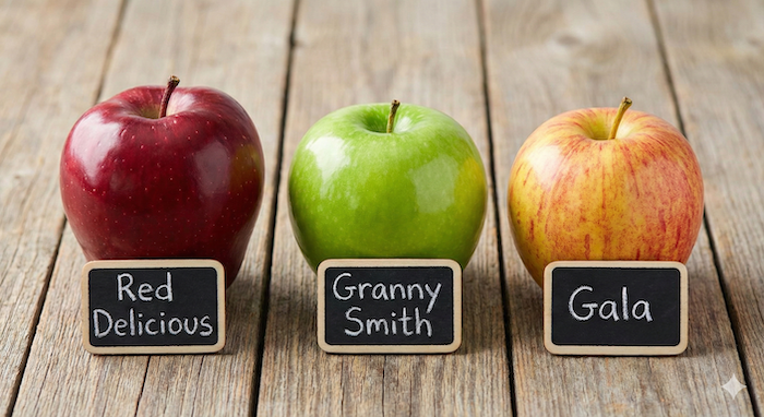 Three labeled apple varieties on wooden table (木製テーブル上の3種類のりんごの比較)