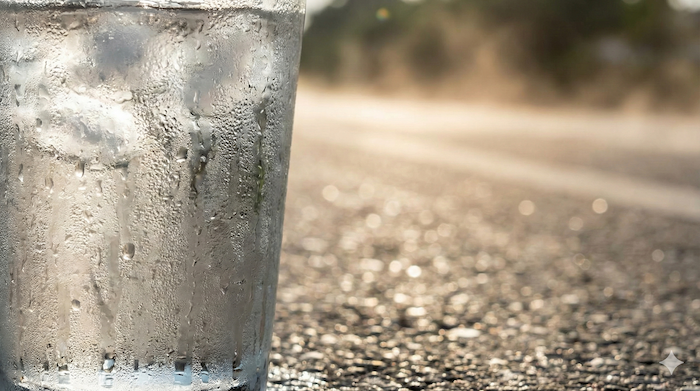 Iced water glass against heat haze / 結露した氷水と陽炎