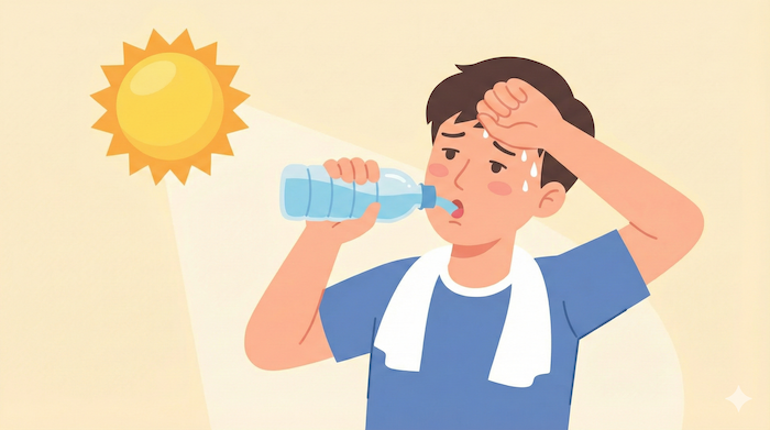 Person drinking water in sun illustration / 暑さ対策で水を飲むイラスト