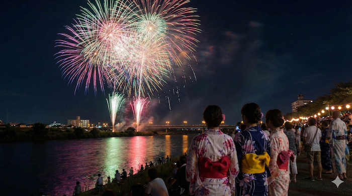 Japanese summer festival fireworks scene / 日本の夏祭りと花火