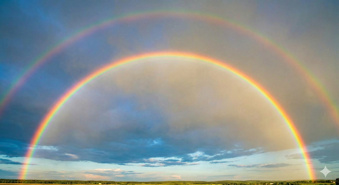 Bright double rainbow in a cloudy sky. / 曇り空にかかる明るい二重虹。