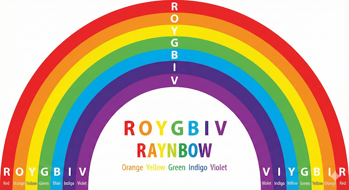 Rainbow color infographic with ROYGBIV labels. / ROYGBIVのラベルが付いた虹の色のインフォグラフィック