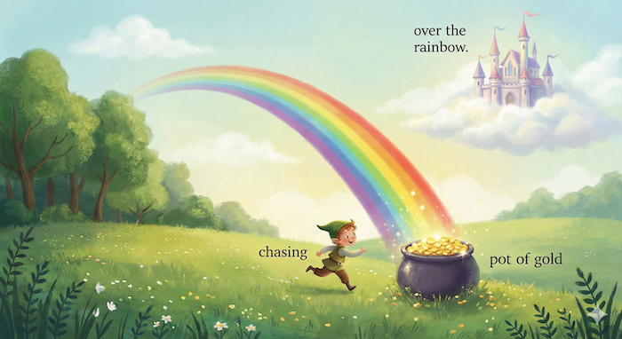 Illustration of rainbow idioms with an elf. / エルフが登場する虹のイディオムのイラスト。