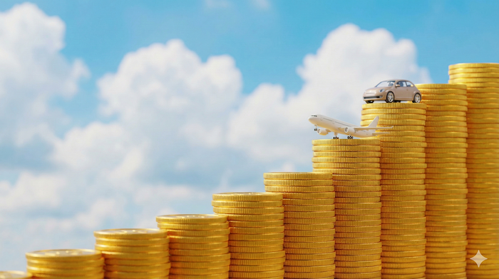 Stairs of coins leading to goals. (目標へと続くコインの階段)