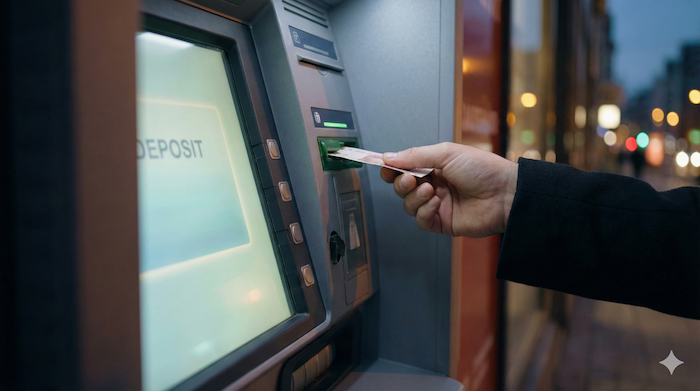 Depositing cash at an ATM. (ATMで現金を預け入れ)