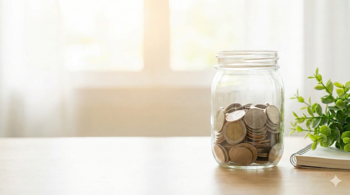 Coins in a jar. (コインが入った瓶)