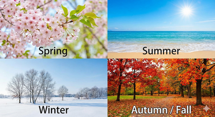 Four seasons collage with English names. / 英語名入りの四季のコラージュ画像。