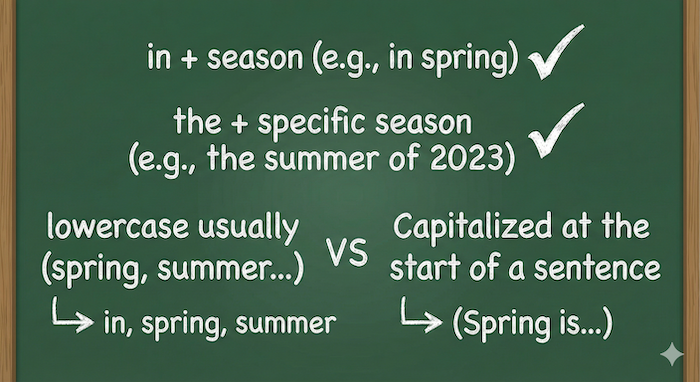 English grammar rules for seasons on a chalkboard. / 黒板に書かれた季節に関する英語の文法ルール。