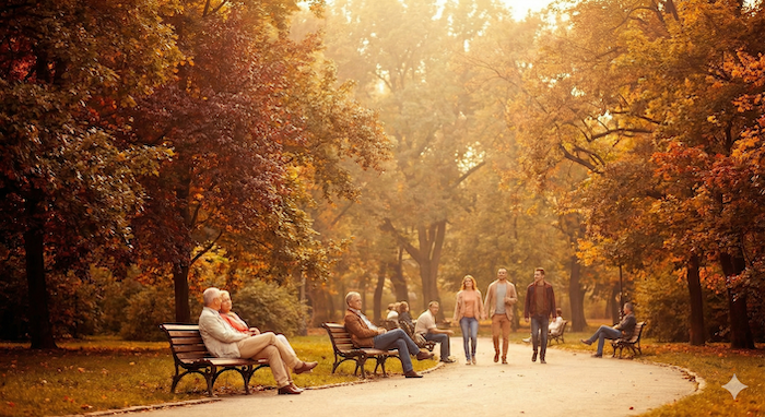 Atmospheric photo of people enjoying Indian summer. / 小春日和を楽しむ人々の情緒的な写真。