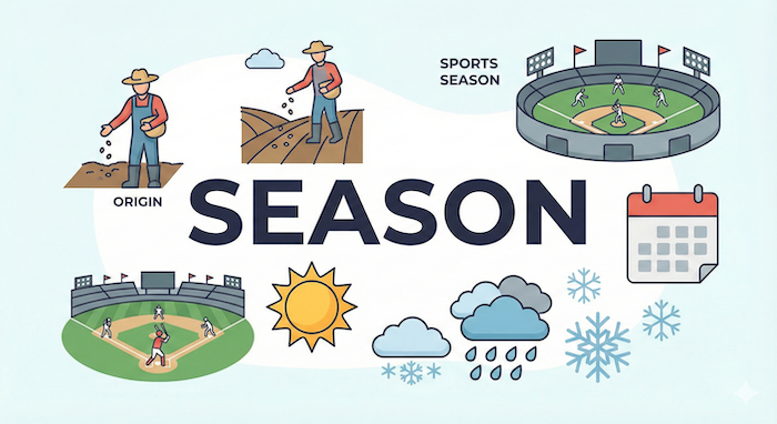 English word "SEASON" infographic with various meanings. / 英単語「SEASON」の意味を示すインフォグラフィック