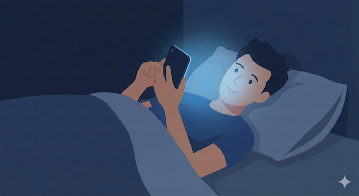 ベッドでスマホを見る男性 / Man using phone in bed