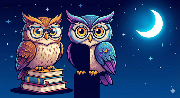 月夜の賢いフクロウたち / Wise owls under moonlit sky