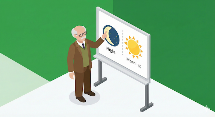 夜と朝の違いを説明する教授 / Professor explaining night and morning difference