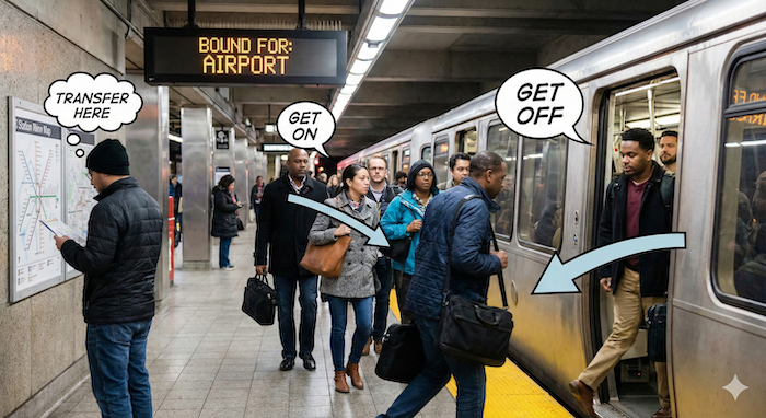 乗る・降りる」の文字がある混雑した駅のホーム。