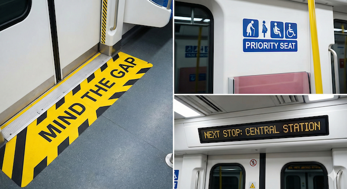 電車内の一般的な標識の写真。