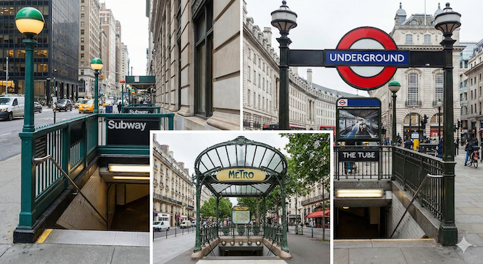 ニューヨーク、ロンドン、パリの地下鉄入口のコラージュ。