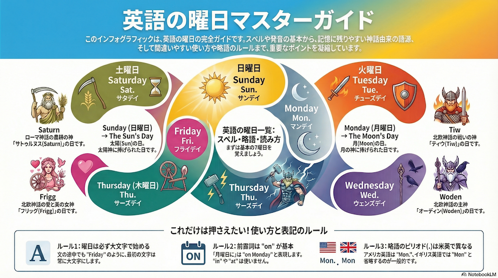 英語の曜日　マスターガイド　インフォグラフィック