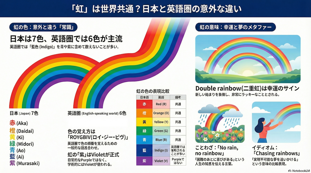 虹の色数、日本と英語圏の差 インフォグラフィック