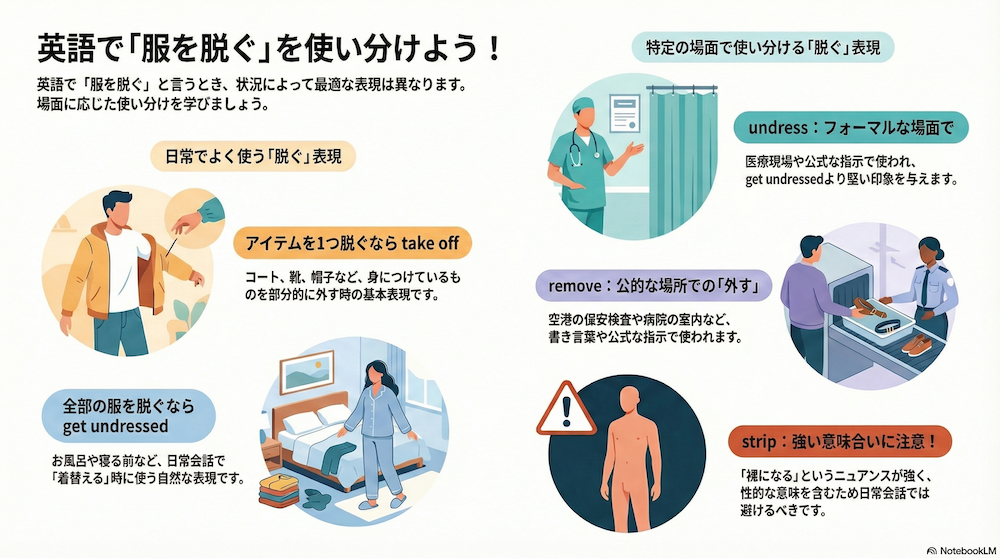 服を脱ぐの英語　インフォグラフィック