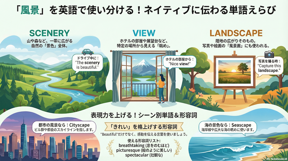 Scenery, View, and Landscape comparison (風景・景色・景観の比較)　インフォグラフィック