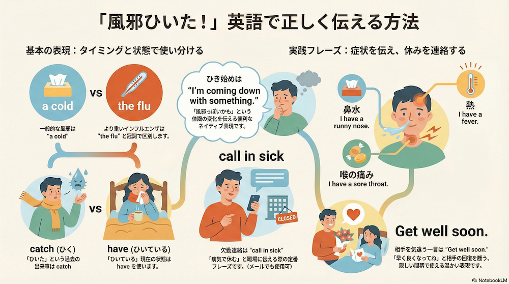 風邪をひいたを英語で正しく伝える　インフォグラフィック
