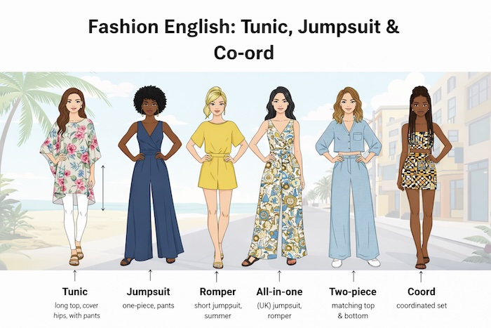 女性のイラストでチュニックやジャンプスーツなどの服の種類を説明する画像