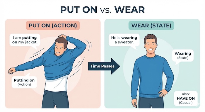 PUT ON と WEARの違いを説明する画像