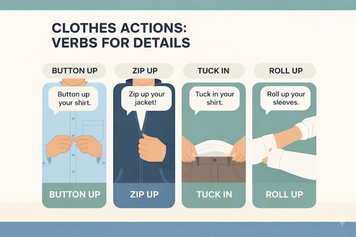 服を着る様々な細部の動作を英語で言う方法