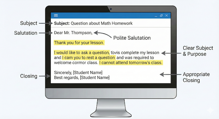 Email/Letter Writing Section Alt text: Drafted email structure for a teacher. (先生へのEメール構成の下書き)