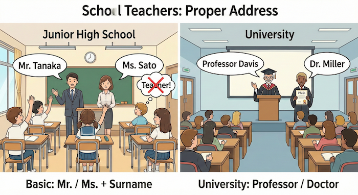 School Teachers Section Alt text: School teacher titles infographic. (先生の呼び方インフォグラフィック)