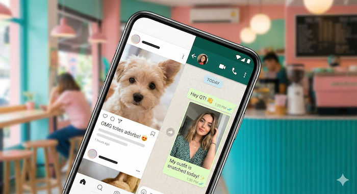Smartphone screen showing social media slang and chat. (SNSスラングとチャットを表示するスマートフォンの画面)
