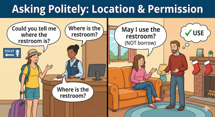 トイレの場所と許可を尋ねる丁寧なフレーズ (English: Polite Phrases for Toilet Location and Permission)