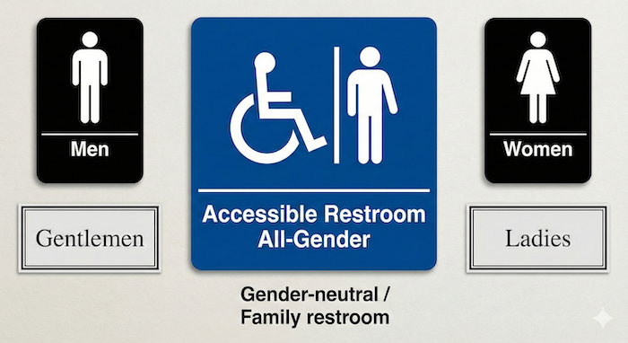 多目的・男女別トイレの標識 (English: Signs for Accessible, Men's, and Women's Toilets)