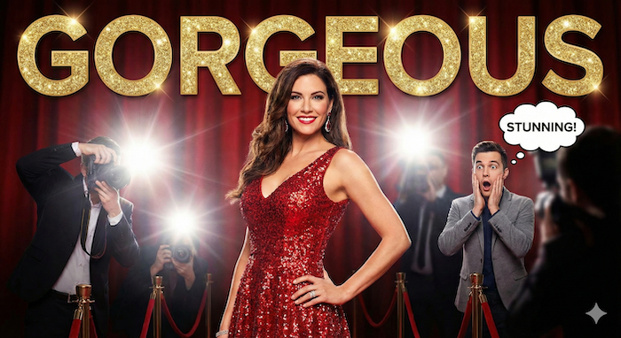 Gorgeous woman on red carpet, stunning bystander. (レッドカーペットの豪華な女性と驚く人)