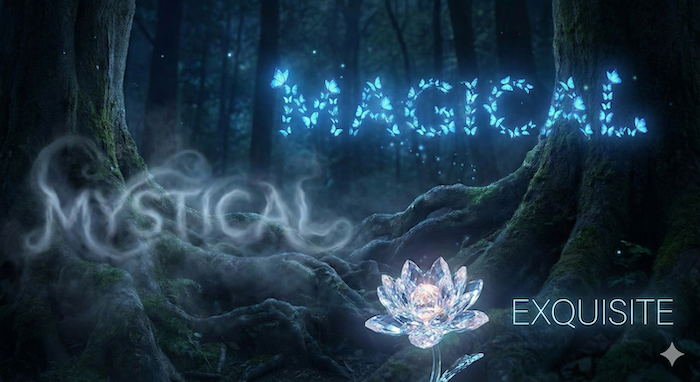 Magical forest with glowing words and crystal flower. (魔法の言葉とクリスタルの花がある森)