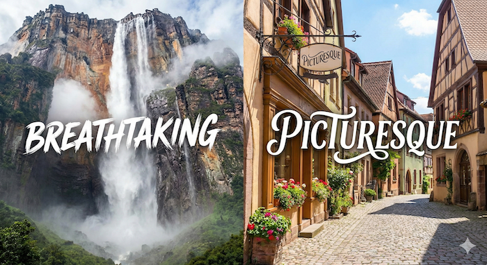 Breathtaking waterfall vs. picturesque village. (息をのむ滝と絵になる村の対比)