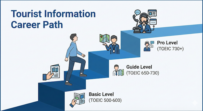 Tourist Information career path infographic with TOEIC levels. / TOEICレベルを示した観光案内所のキャリアパスインフォグラフィック。