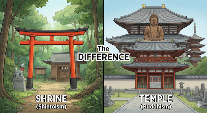 Visual comparison of Shrine vs. Temple. 神社と寺の視覚的な比較。