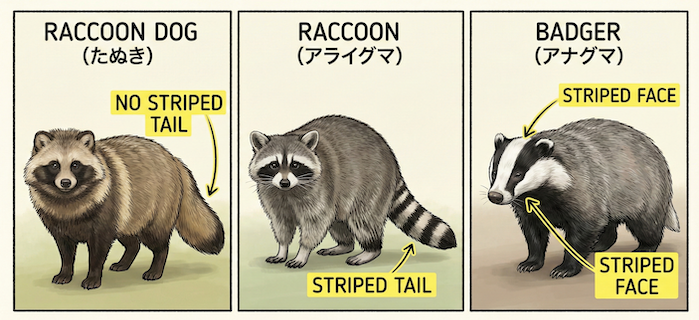 タヌキ・アライグマ・アナグマの見分け方